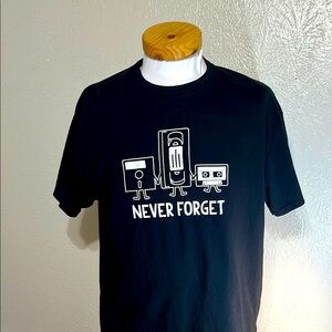Never forget, funny, old media T-shirt, black, extra large